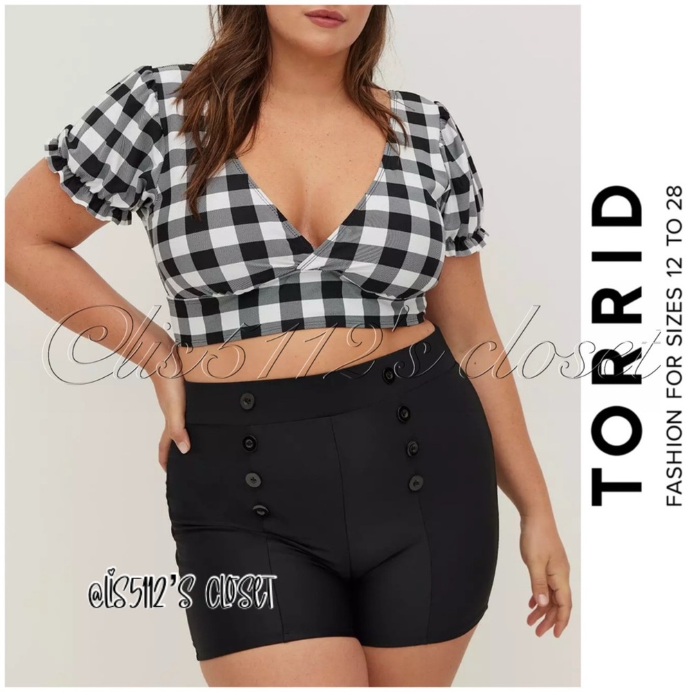Torrid Retro Chic Puff Sleeve Gingham Bikini Top & Swim Shorts SET 1X 14 16